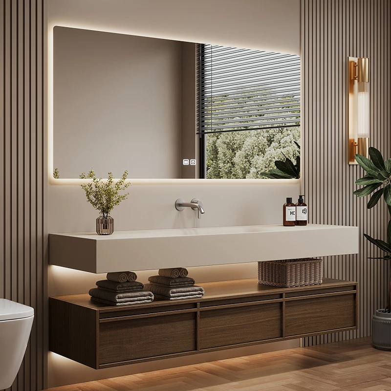 Sets Massivholz-Badezimmerschrank, Felsplatte, nahtlos, integriertes Waschbecken, antikes Badezimmer, Handwaschbecken, Badezimmermöbel