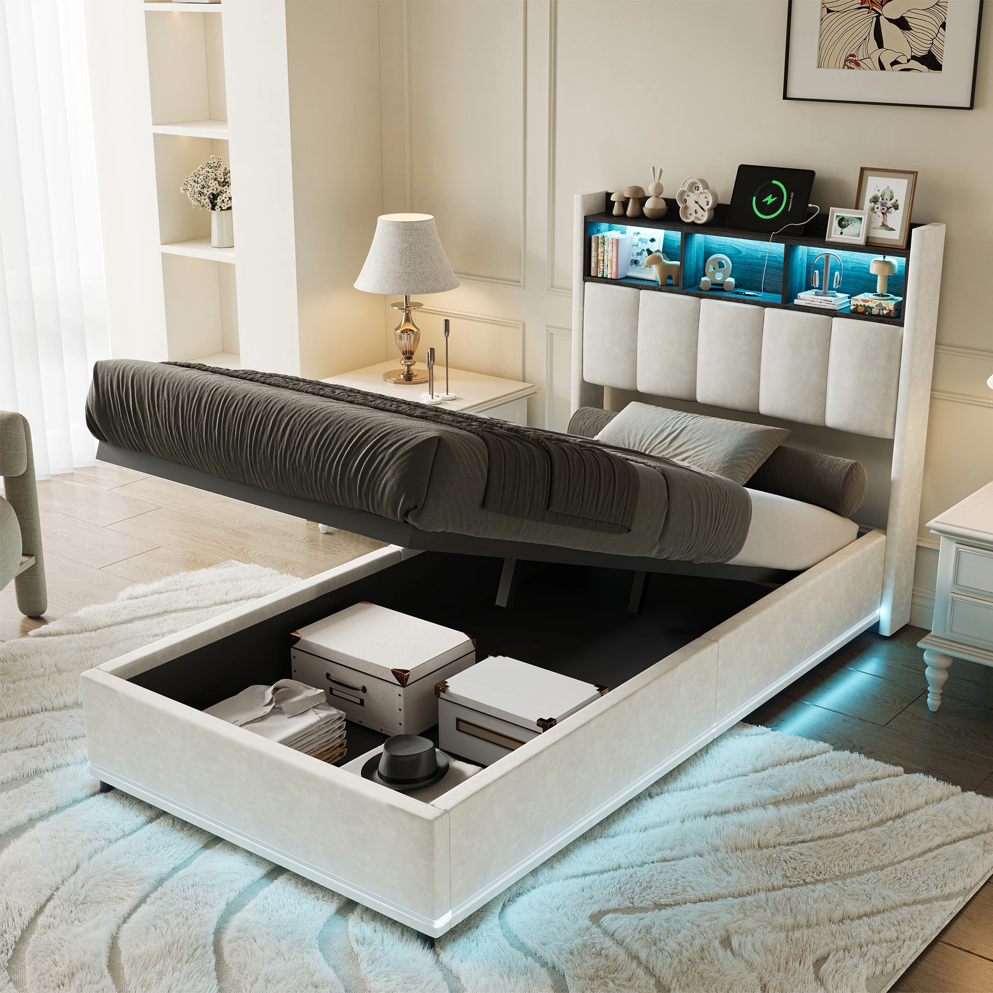 Anajqaqia90x200cm Jugendbett, Kinderbett, Funktionsbett mit Stauraum, mit USB-Ladefunktion und LED-Beleuchtung, Samt/Leinen