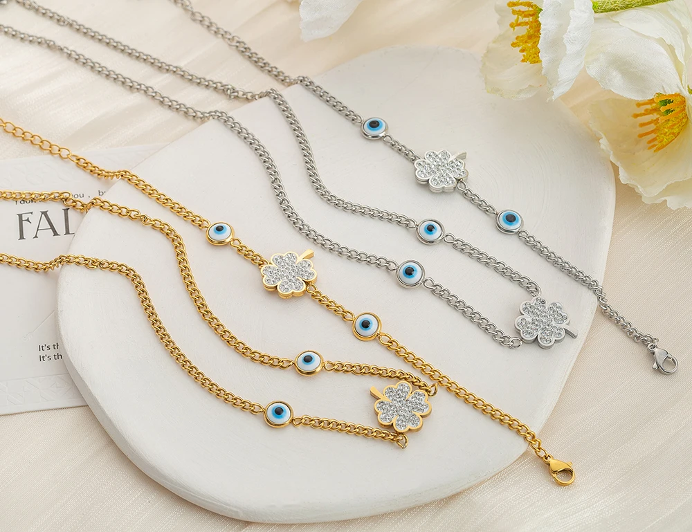 JeeMango 316L Edelstahl Strass Blume Anhänger Halskette Trendy Blau Türkei Auge Charme Choker Halskette Für Frauen JN22154 Image