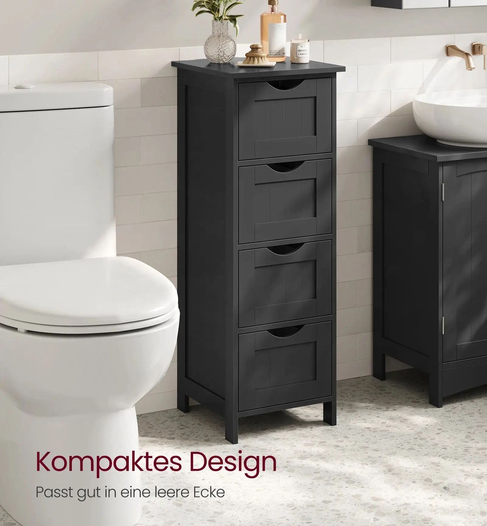 VASAGLE Badezimmerschrank, Badschrank, Beistellschrank mit 4 Schubladen, Wohnzimmer, Esszimmer, Küche, modern, grau Image