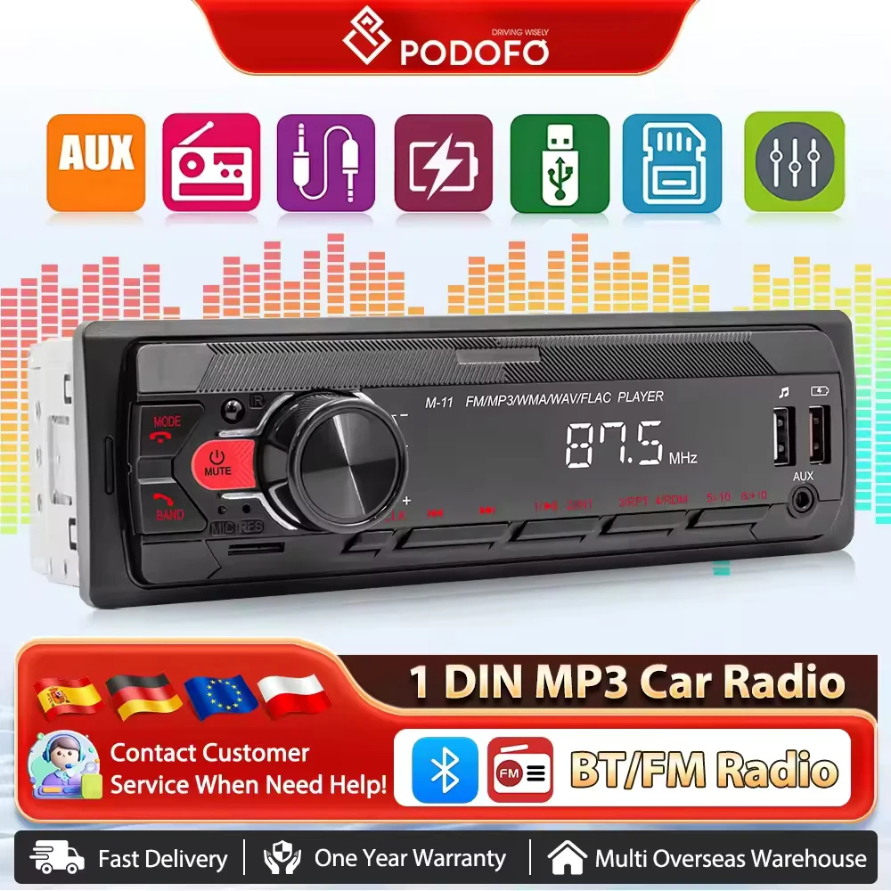 Podofo Autoradio 1din Autoradio MP3 Player USB Stereo Receiver Audio BT/USB/SD/AUX-IN 12V Audio Stereo mit Sprachassistent Image