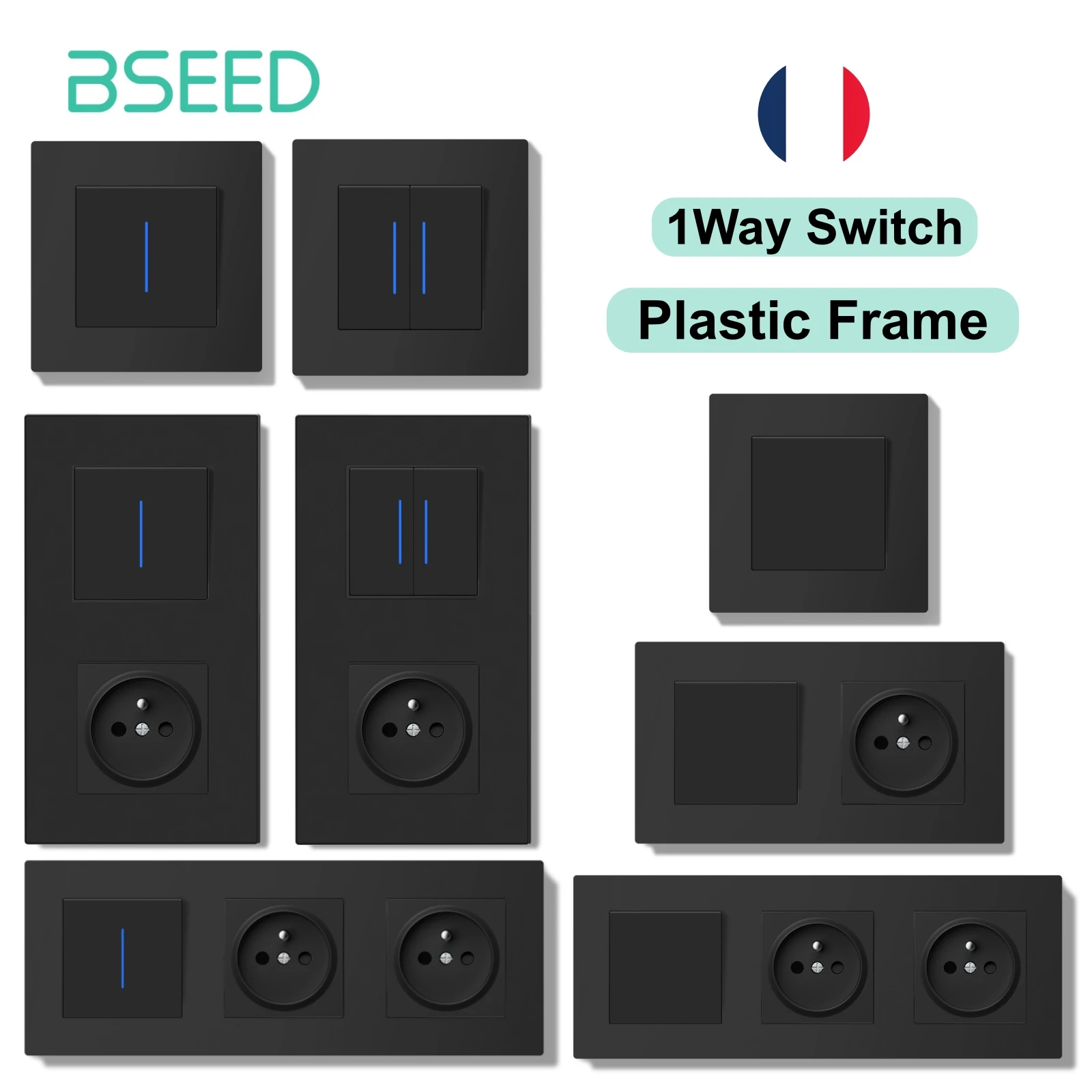 BSEED-Schalter, Lichtschalter mit Kontrollleuchte, 1-Wege-Steckdose aus schwarzem Kunststoff, FR-Standard-Wandsteckdosen der E-Serie, Frankreich-Steckdose Image