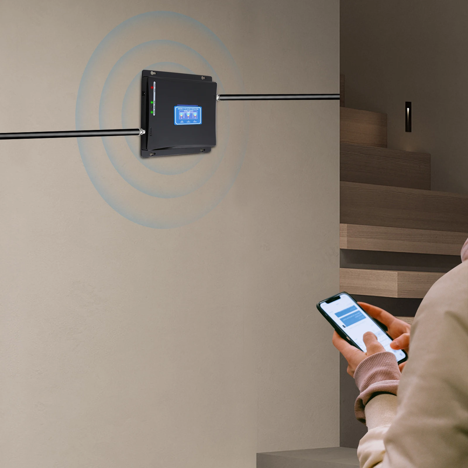 Schwarzer, moderner Tri-Band 4g 3g Handy-Signalverstärker aus Metall mit LCD-Bildschirm für Häuser und Bergbereiche Image