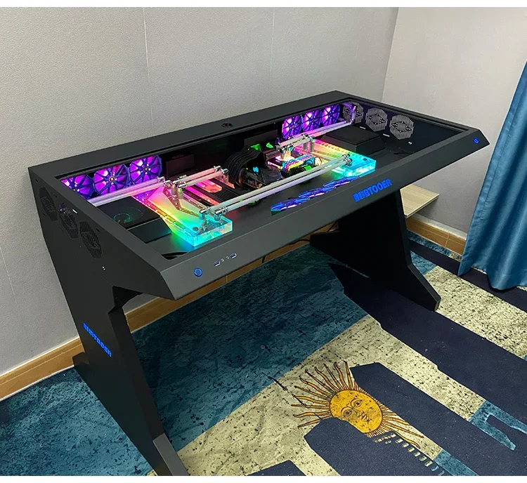 Computergehäuse mit integriertem High-End-Kühlsystem, speziell geformte Gaming-Tische, eingebauter, vollständig transparenter, großer Gehäuse-Computertisch