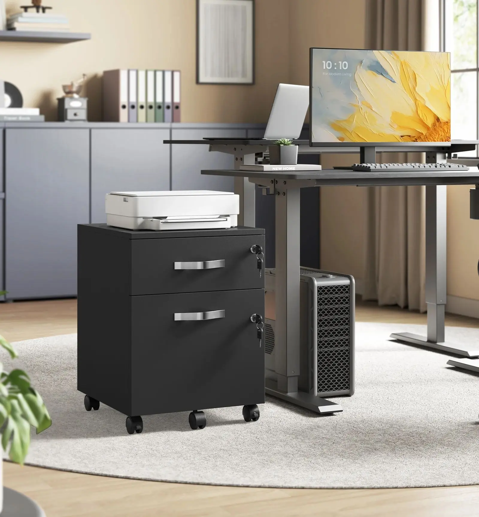 VASAGLE Rollcontainer, abschließbar, Aktenschrank mit 2 Schubladen, 5 Rollen, schwarz