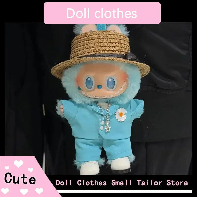 Labubu V1v2v3 17 cm Anhänger Puppe Stern Stil Blau/Schwarz Anzug Set mit Hut Trendy Junge Outfit DIY Kleidung Zubehör geschenke Image