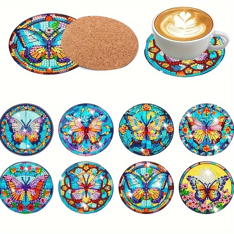 8-teiliges DIY-Untersetzer-Set mit Diamantbemalung, Getränkeuntersetzer mit Schmetterlingsmuster und Diamantkunst, Tischset, rutschfester Untersetzer, C Image
