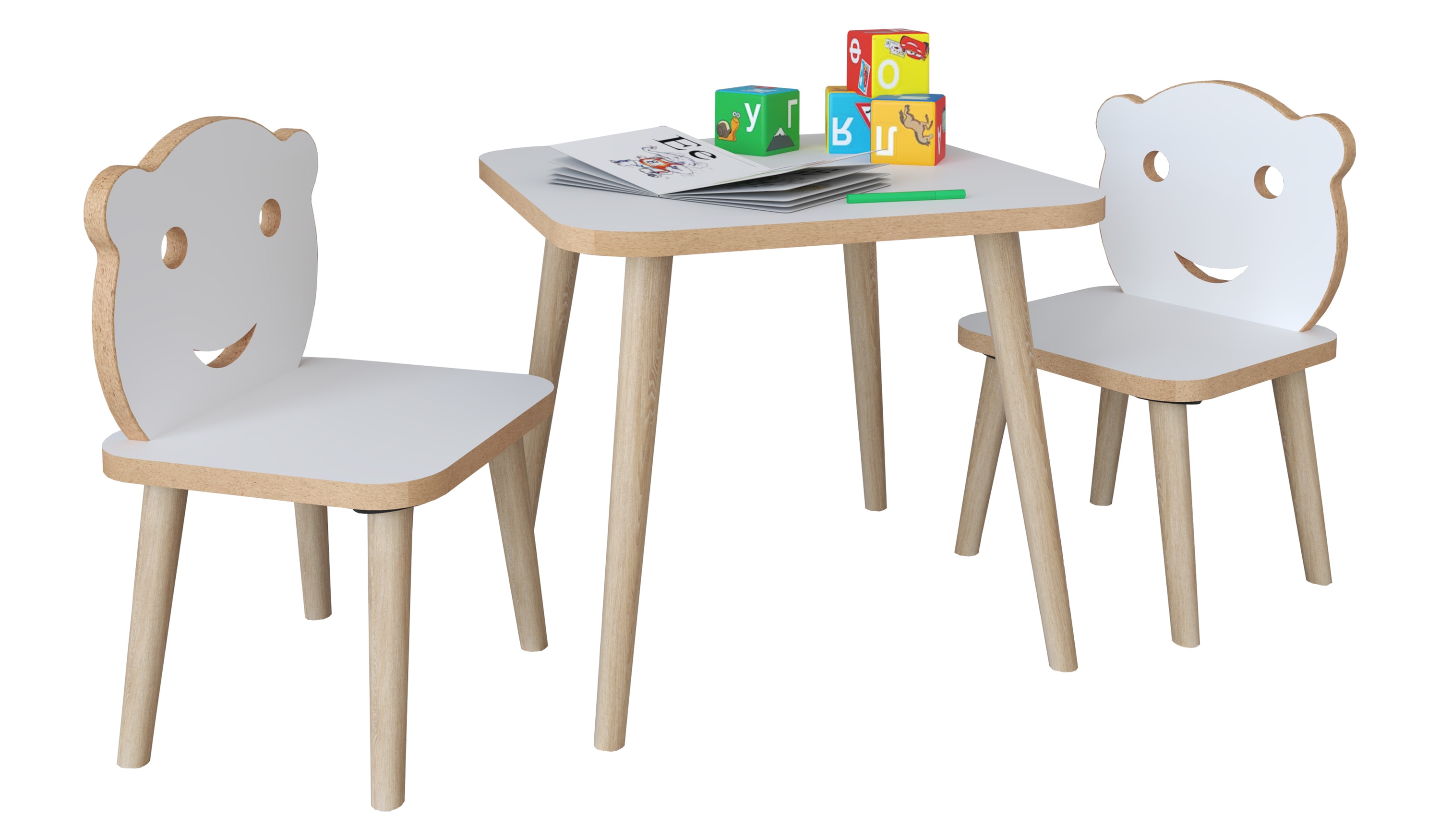 Sitzgruppe VCM "3tlg. Sitzgruppe Kinder Kindermöbel Tisch Stuhl", weiß, B:110cm T:50cm, Obermaterial: 100% Holz Wood., Sitzmöbel-Sets, Kinder-Sitzgruppe