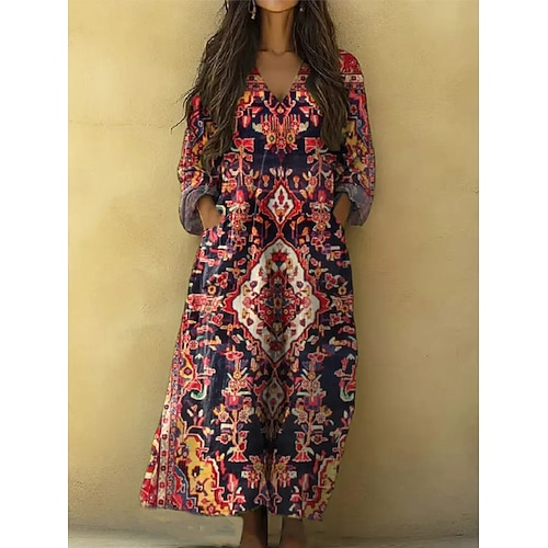 Damen Maxikleid Sommerkleid A Linie Kleid Urlaub Lässig Boho Strand Ausgehen Lässiger Schnitt Grafik Geometrisch Stammes Langarm V Ausschnitt Marineblau Grün Meer Grün Sommer Frühling Image