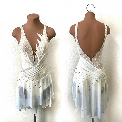 Eiskunstlaufkleid Damen Eislaufen Kleid Weiß Patchwork Offener Rücken Dehnbar Training Wettbewerb Eiskunstlaufkleidung Klassisch Kristall / Strass Ärmellos Eislaufen Eiskundstlauf Image