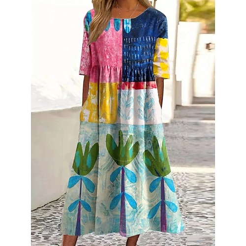 Damen Maxikleid Freizeitkleid Klassisch Strand Lässiger Schnitt Grafik Abstrakt Halbarm Rundhalsausschnitt Blau Schwarz Purpur Orange Sommer Frühling Image