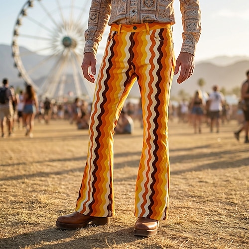 Retro Vintage Boho 1970er Hose Hose mit weitem Bein Hippie Disco Hohe Taille Zickzack Kostüm Damen Halloween Karneval Musikfestival Retro-Mottoparty Erwachsene Hose Image