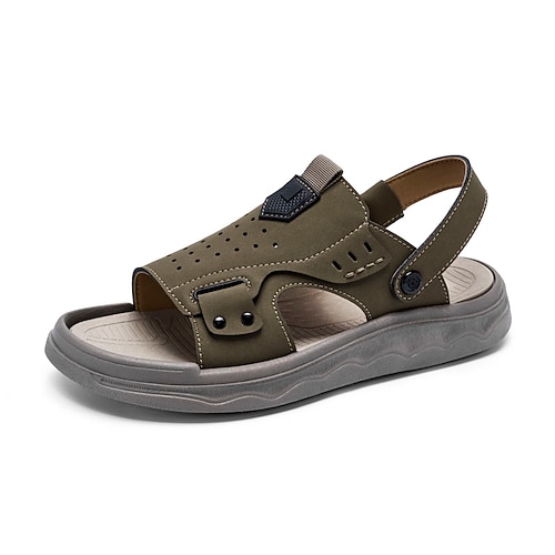 Olivgrüne Herren-Ledersandalen mit verstellbarem Riemen, rutschfeste und bequeme Outdoor-Schuhe für Strand, Wandern und Freizeit im Sommer Image