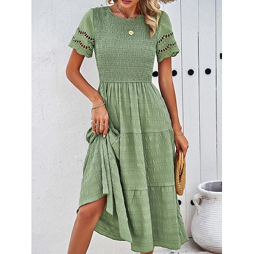 Damen Midikleid Weißes Kleid Freizeitkleid Cut-out-Kleider Elegant Mode Modern Outdoor Urlaub Ausgehen Normale Passform Einfach Kurzarm Rundhalsausschnitt Schwarz Weiß Armeegrün Braun Sommer Frühling Image