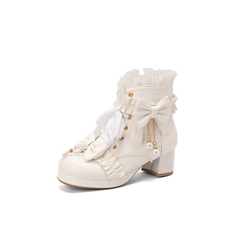 Elfenbeinfarbene Brautstiefel mit Schnürung und hohem Absatz, Schleife Vintage-inspirierte Schuhe mit Perlenverzierungen für Bräute bei Hochzeiten in der Stadt Image