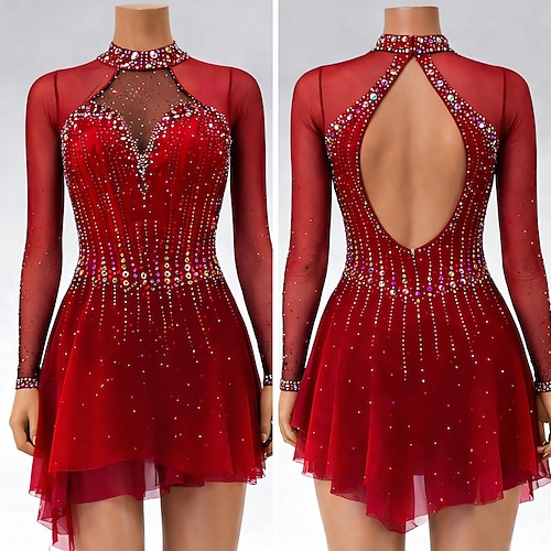 Eiskunstlaufkleid Damen Eislaufen Kleid Rot Patchwork Offener Rücken Dehnbar Training Wettbewerb Eiskunstlaufkleidung Klassisch Kristall / Strass Langarm Eislaufen Eiskundstlauf Image