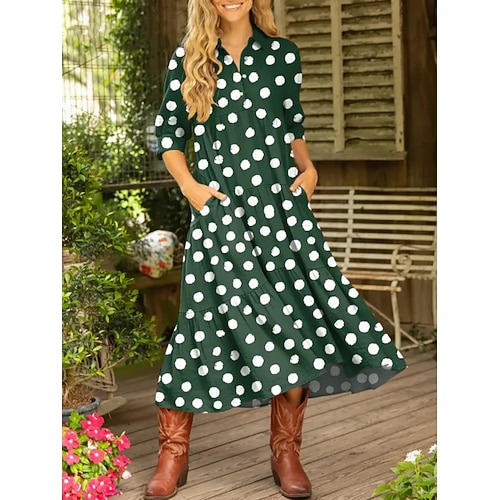 Damen Midikleid Hemdblusenkleid Freizeitkleid Gepunktetes Kleid Elegant Vintage Mode Outdoor Urlaub Ausgehen Lässiger Schnitt Tupfen Langarm Hemdkragen Gelb Rosa Rote Grün Frühling Herbst Image