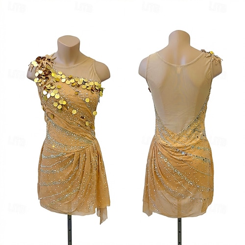 Eiskunstlauf Fleecejacke Eiskunstlaufkleid Damen Eislaufen Kleid Gold Patchwork Offener Rücken Dehnbar Training Wettbewerb Eiskunstlaufkleidung Klassisch Kristall / Strass Ärmellos Eislaufen Image