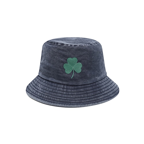 Damen-Baumwoll-Bucket-Hat im Used-Look mit Kleeblattstickerei, lässiger, mehrfarbiger Sonnenhut im Vintage-Stil, weiche, atmungsaktive Outdoor-Kappe für den St. Patrick's Day und den Alltag. Image