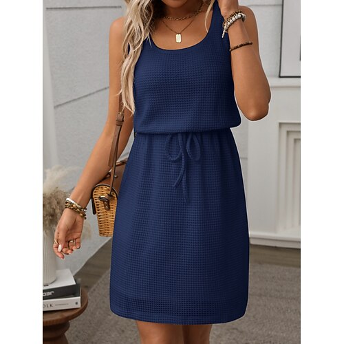 Damen Minikleid A Linie Kleid Sommerkleid Lässig Täglich Normale Passform Einfach Ärmellos U-Ausschnitt Schwarz Marineblau Orange Armeegrün Sommer Image