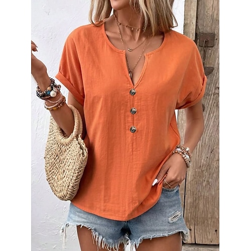 Damen T Shirt T-Shirt Brustknöpfe Einfach Mode Stilvoll Klassisch Kurzarm V Ausschnitt Normale Oberteile Täglich Ausgehen Wochenende Schwarz Weiß Rote Marineblau Orange Sommer Frühling Image