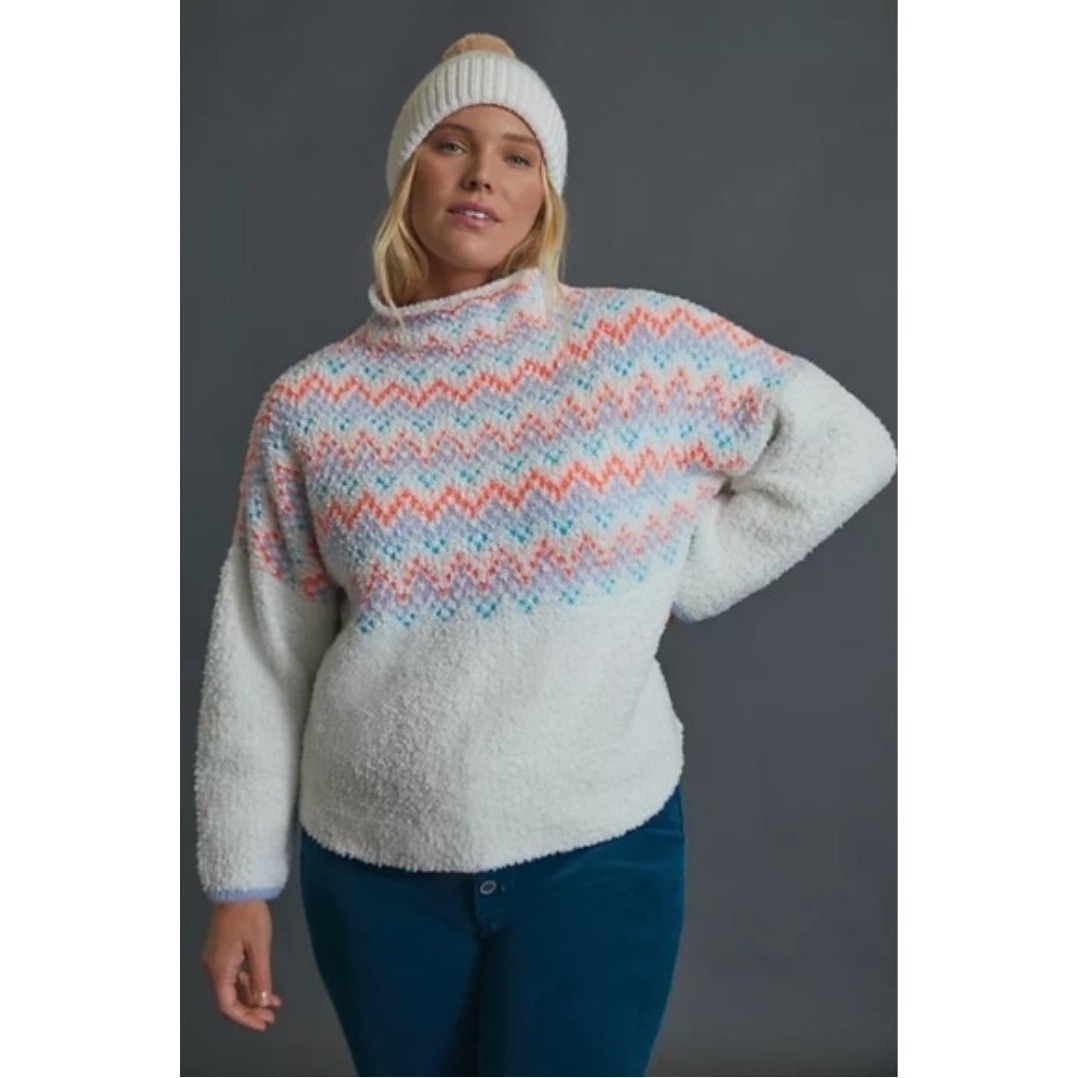 Anthropologie Sweaters | Anthropologie Pilcro Selene Sweater Mp Off White Chevron Fair Isle Mock Neck | Color: White | Size: M