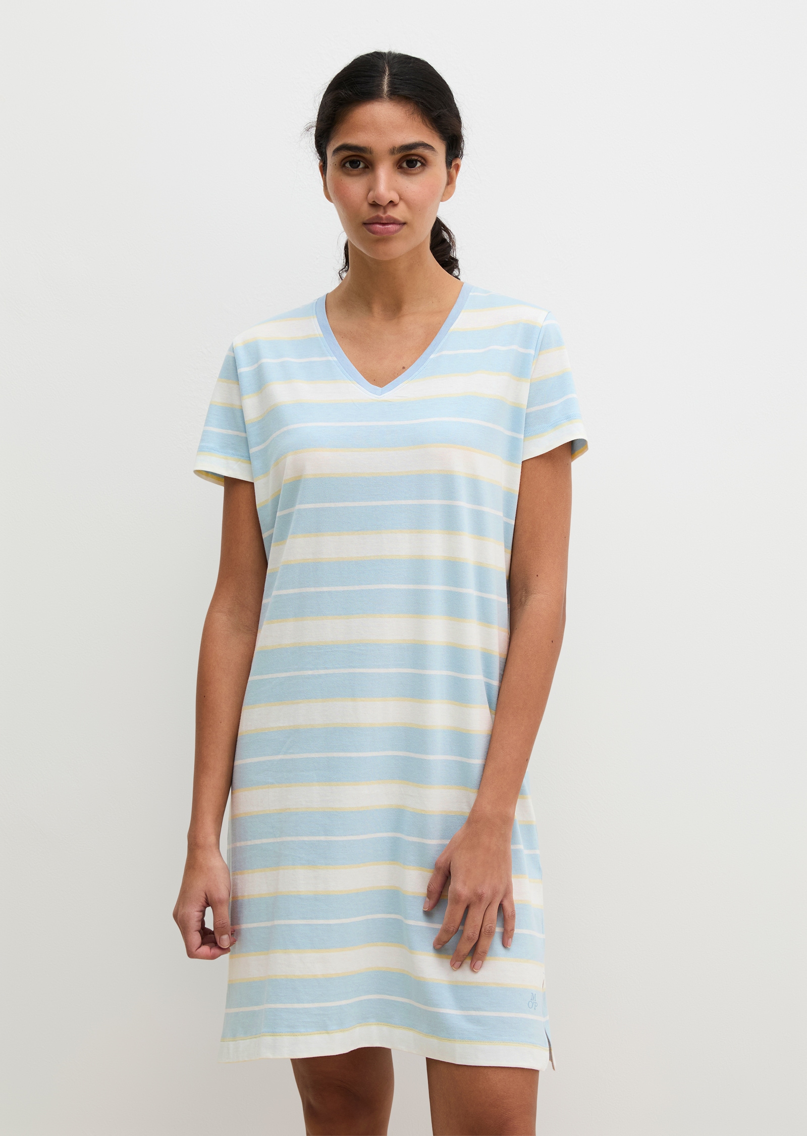 Nachthemd MARC O'POLO "Mix N Match Cotton", Damen, Gr. L, N-Gr, niagara mist stripe 2, Single Jersey, Obermaterial: 100% Baumwolle, bequem kniefrei, V-Ausschnitt, Kleider Nachthemd, mit kurzem Arm und V-Ausschnitt, gestreift Image