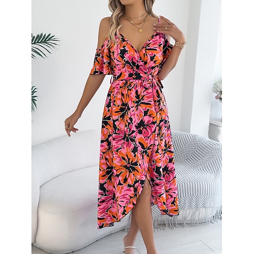 Per donna Abito Midi Abito a Portafoglio Abito a trapezio Abito Sottoveste Abito a spalle scoperte Vacanza Casual All'aperto Uscire Vestibilità standard Floreale Senza Maniche Scollo a V Nero Rosa