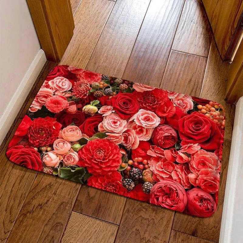 Romantic Rose Flower Print Entrance Doormat Non-Slip Welcome Mats for Home Kitchen Washable Bathroom Floor Mat Balcony Rugs