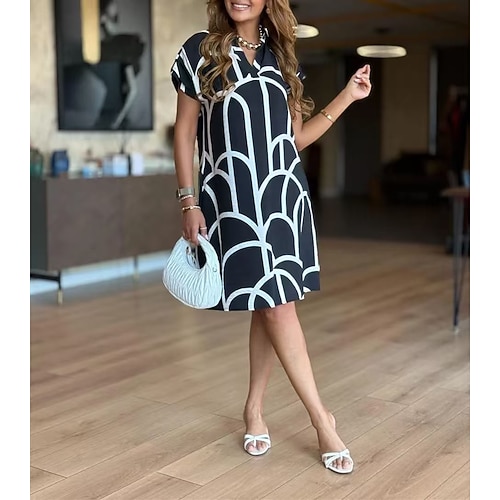 Per donna Abito al ginocchio Vestito Casual Casual Vestibilità aderente Stampa Manica Corta Scollo a V Nero Verde chiaro Azzurro cielo Estate Primavera Autunno