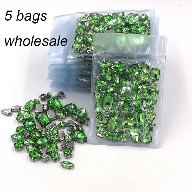 Best seller all'ingrosso 5 borse forma mista base in cristallo di vetro verde chiaro cucire su strass fai da te/abbigliamento abito da sposa