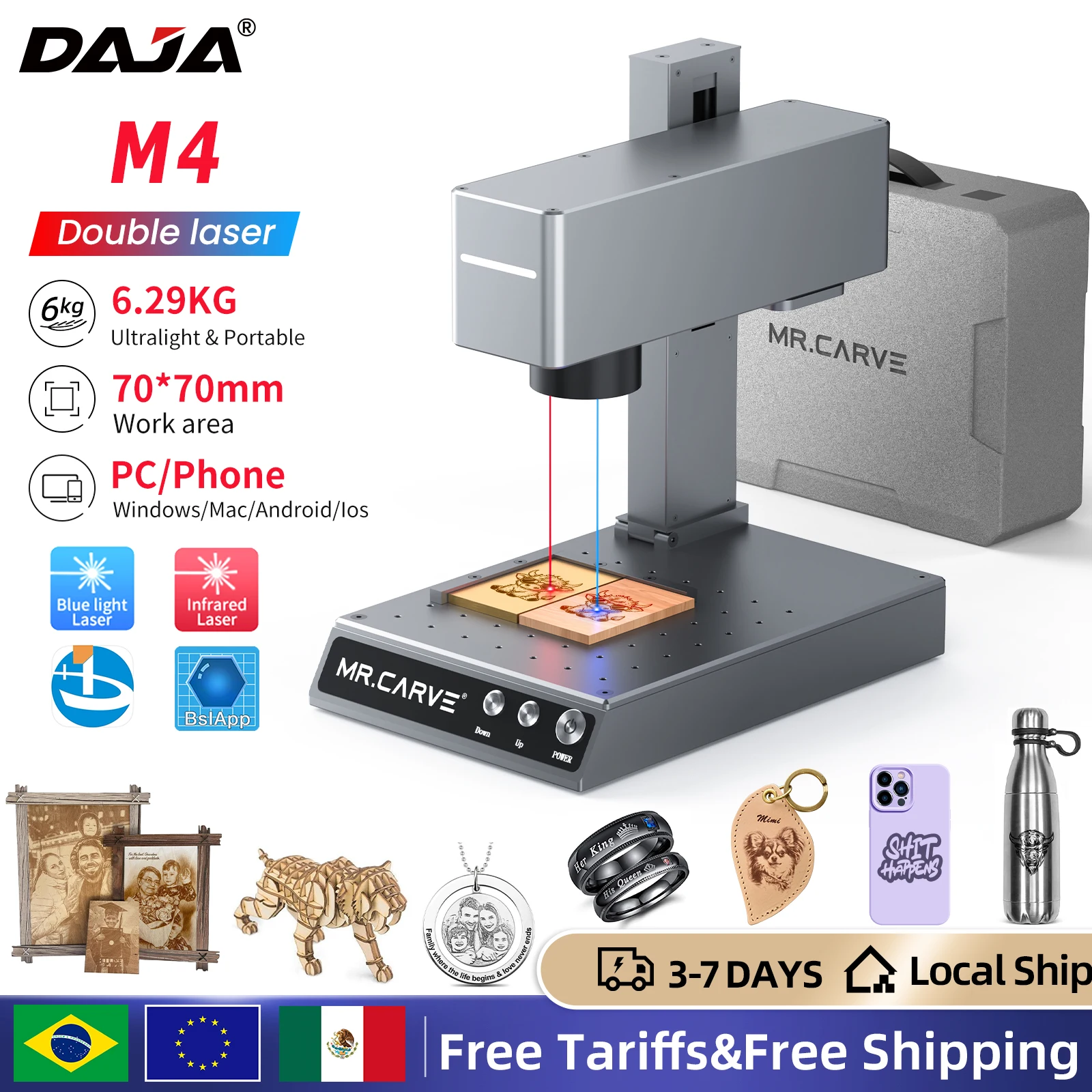 DAJA M4 PRO Fasermarkierungsmaschine, tragbarer Dual-Lasergravierer für alle Materialien, Schmuck, Holz, Metall, Kunststoff, Leder, Glasring Image