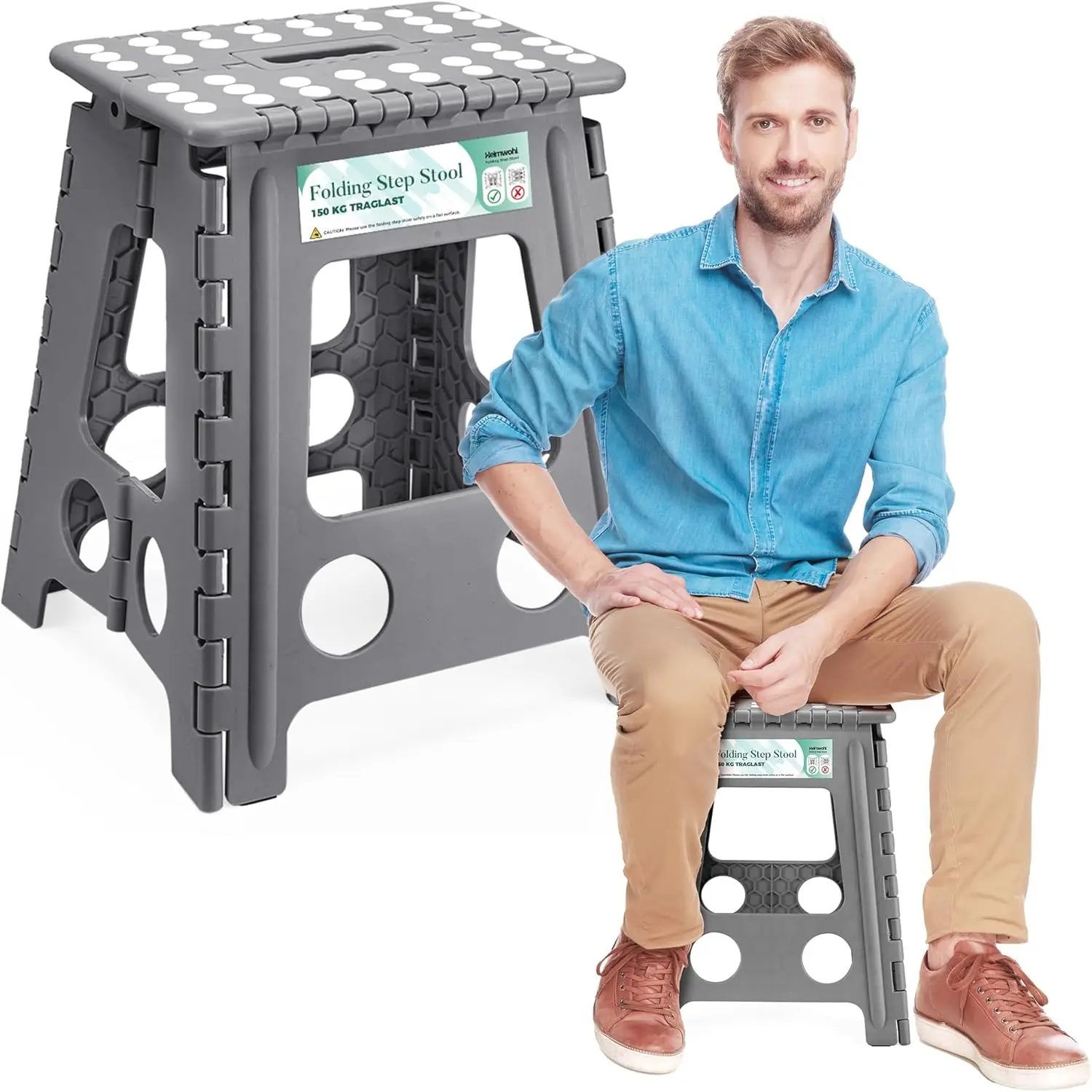 Tritthocker Klappbar 40 cm , 2025 Upgrade: Klapphocker Faltbar mit 150 kg Tragfähigkeit, Falthocker mit Drehgriff, Ideal für Zuh