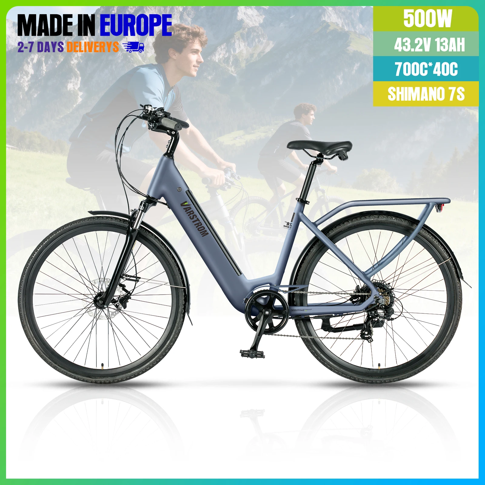 [EU-Lager] Elektrofahrrad Varstrom E-City 700C 28 Zoll E-Bike mit herausnehmbarem 13Ah Akku, Erwachsenen-City- und Tourenfahrrad mit Gepäckträger Image