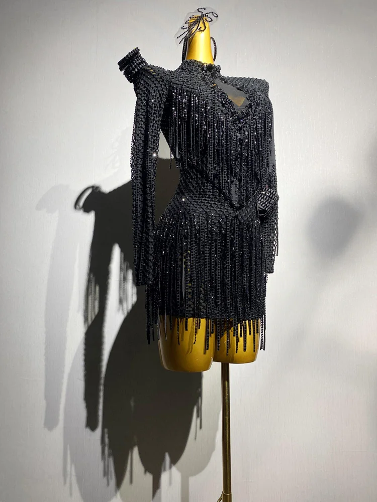 Latin Dance AB Stone Weibliche Erwachsene Kinder High-end Maßgeschneiderte Sternenhimmel Diamant Kleid Schwarz Pool Samba Performance Kleid Image