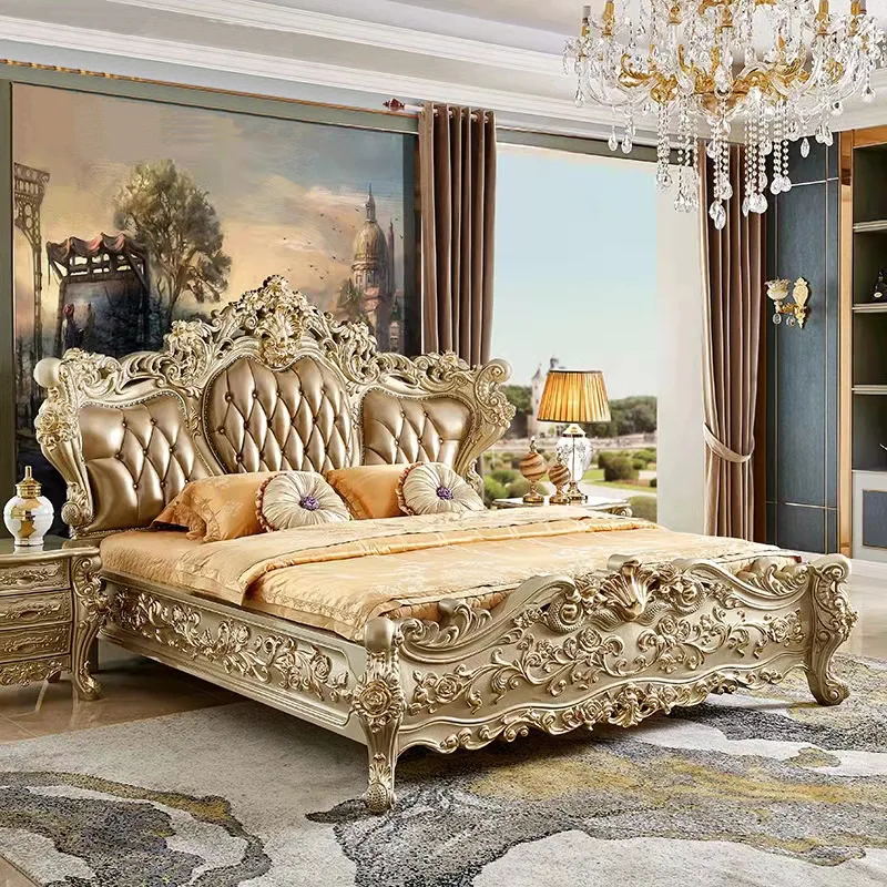 Europäisches Luxus-Doppelbett aus massivem Holz und Leder, 1,8 Meter, Palast-Luxus, 2 Meter, Hauptschlafzimmer, Hochzeitsvilla, High-End-Queen-Size-Bett Image