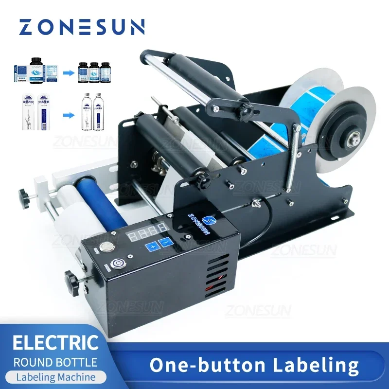 ZONESUN Halbautomatische elektrische Flaschenaufkleber, Etikettiermaschine, Etikettentropfer, Saft, Glas, runde Flaschenetikettierer ZS-TB50SM Image
