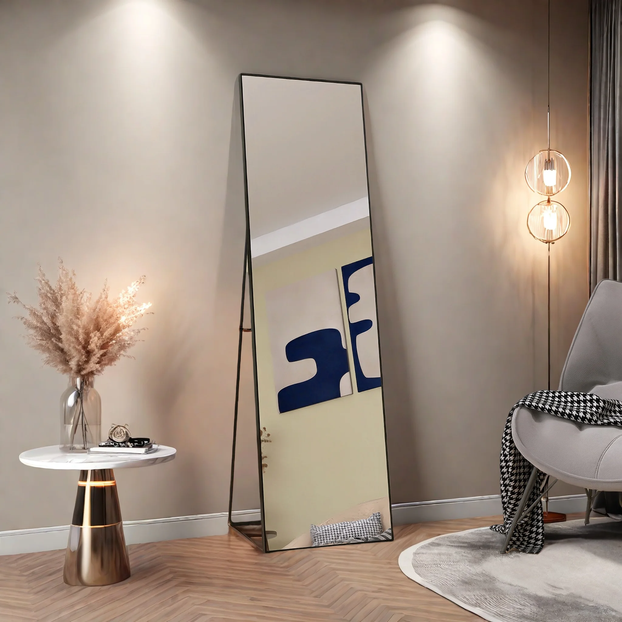 Rosahqnda Ganzkörperspiegel Rechteckiger Standspiegel Aluminiumlegierungsrahmen Gehärtetes Glas für Schlafzimmer Wohnzimmer