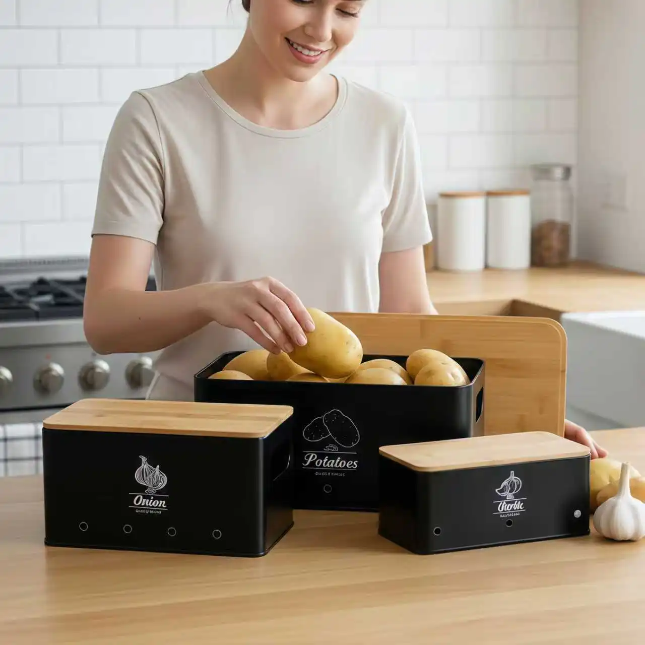 Aufbewahrungsbox für Knoblauch, Zwiebeln und Kartoffeln mit Belüftungsdeckel, stapelbarer, platzsparender Lebensmittel-Organizer Image