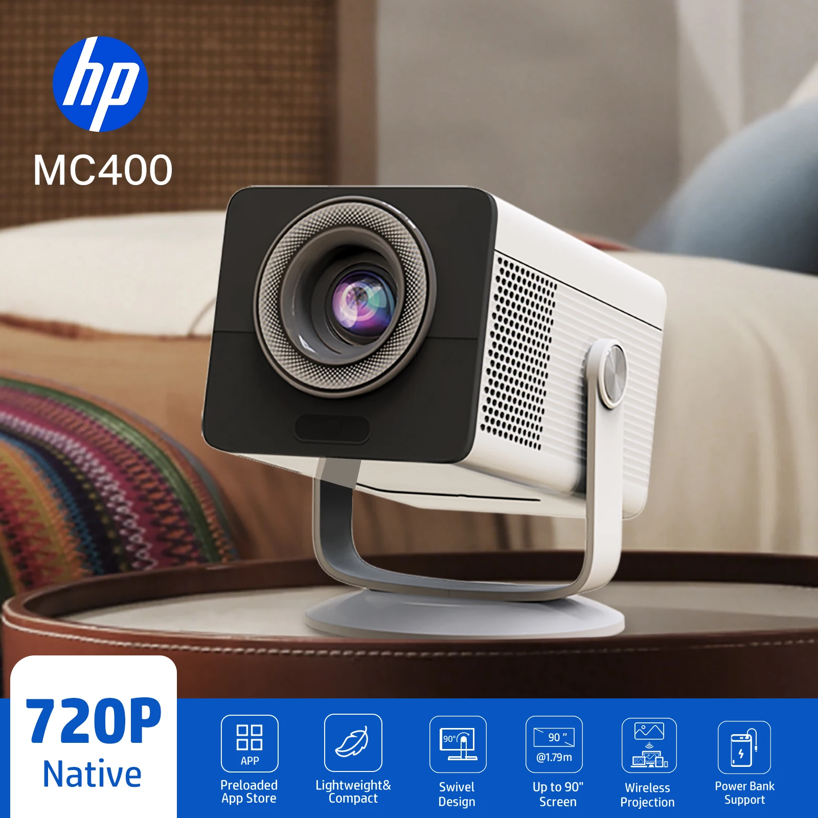 HP Projektor MC400 HD 1280*720P Android 14 Allwinner H726 Dual Wifi6 BT5.4 Heimkino-Projektor Outdoor Tragbare Projektoren Image