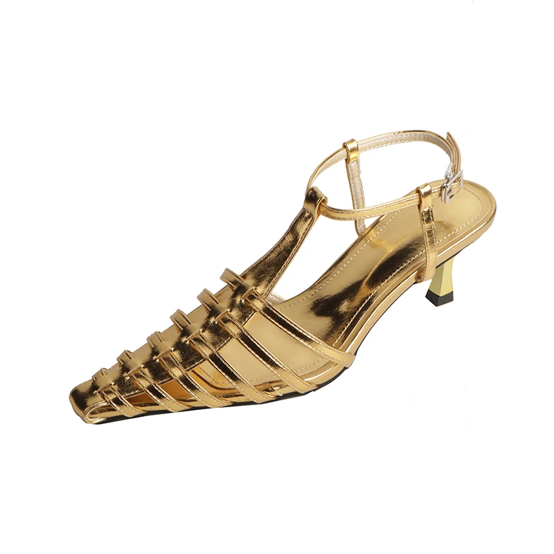 Frauen Schuhe Schmale Band Sommer Sexy Sandalen Designer Sandalen Kitten Heels Closed Toe Damen Einfache Schuhe Gold Silber Schuhe