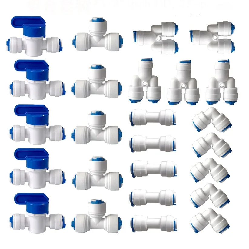 1/4" 3/8" Außendurchmesser Quick Connect Push In RO Water Tube Straight Tee Elbow Ball Valve Fittings Kit 10. 25er-PACK Image