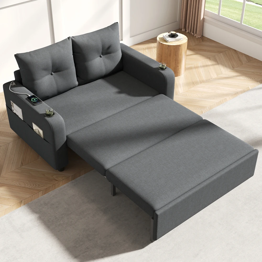 3-in-1 Schlafsofa, Ausziehbares Schlafsofa mit Schlaffunktion, Doppelsofa mit Getränkehalter, Seitentaschen, Kissen und USB-Anschluss Image