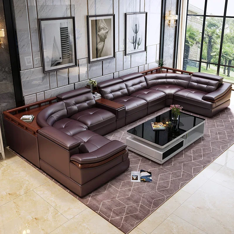 Premium-Ledersofa in U-Form, Kopfform-Ledersofa, schlichtes, modernes Wohnzimmer-Ledersofa, Ecksofa, großes Familiensofa, Sofakombination Image