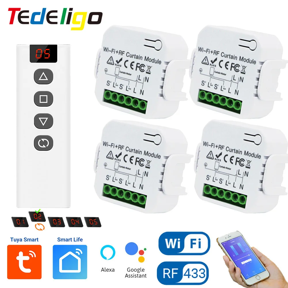 Tedeligo Tuya Smart WiFi RF Vorhangschalter, Rolladen- und Garagensteuerungsmodul mit 5-Kanal-Fernbedienung, kompatibel mit Alexa, 110V 220V
