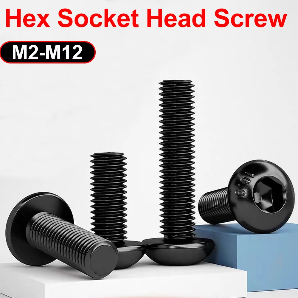 M2 M2,5 M3 M4 M5 M6 M8 M10 M12 Runde Halbrundkopf-Inbusschraube Bolzen Schwarz Güteklasse 10,9 Kohlenstoffstahl Sechskantschraube 1 Stück-150 Stück Image