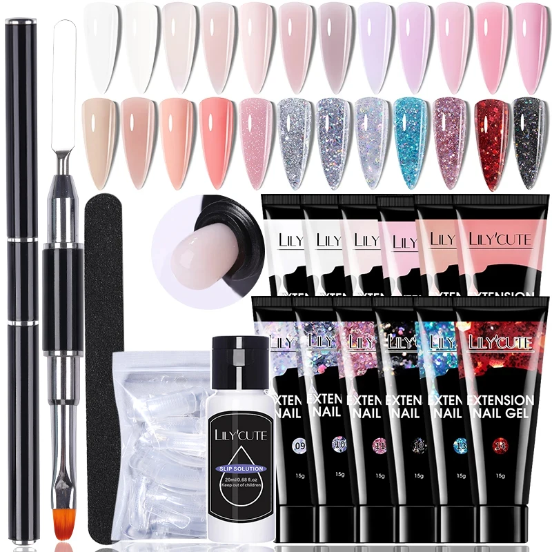 LILYCUTE Maniküre-Set, 15 ml, Schnellverlängerung, UV-Gel-Nagelset, weiß, klarer Glitzer, für Fingerverlängerungsform, französisches Nail-Art-Werkzeugset Image