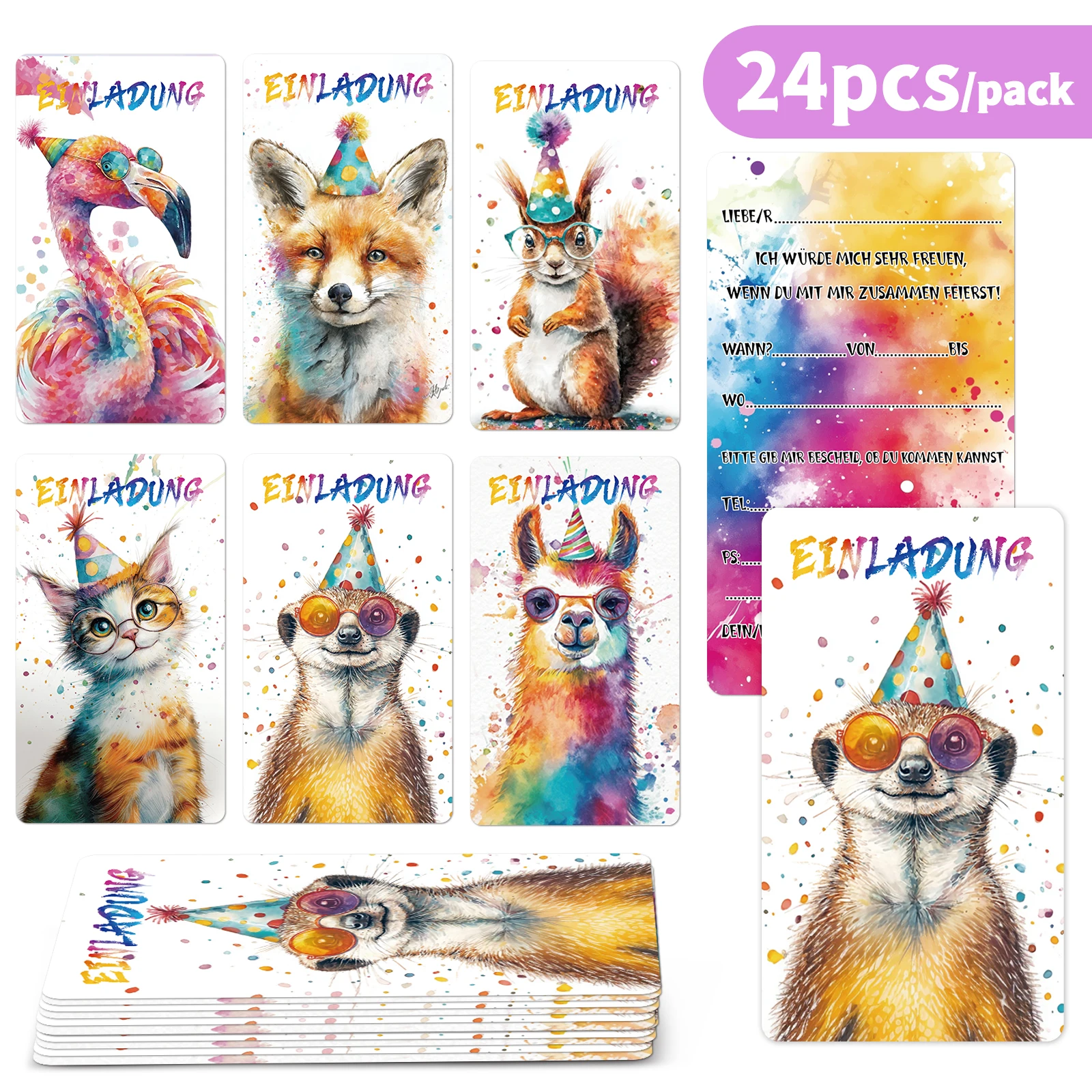 24-Aquarell-Einladungskarten für Tierpartys in Deutsch, EINLABUNG-Einladungskartenset, Einladungskarten für Geburtstagsfeiern, Cartoon a Image