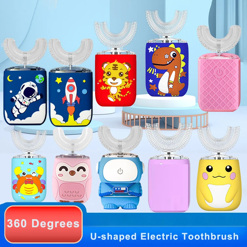 360 ° Automatische U-förmige elektrische Zahnbürste für Kinder, Cartoon für Kinder, Silikon-Zahnbürste, USB-Aufladung, blaues Licht, Zahnreiniger Image