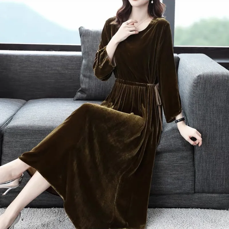 Herbstliches Velours-Chic-Kleid 2025, Frühlingsmode, elegantes, langes Maxi-Partykleid mit Schnürung, französisches Vintage-Samt-Abschlussballkleid, Vestidos Image